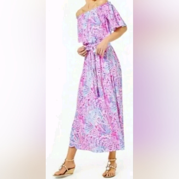 Lilly Pulitzer Size XL Moriah Off-The-Shoulder Midi Dress in Raz Sea You Soon. - Picture 2 of 4